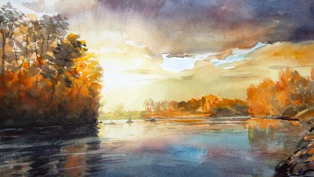 Watercolor painting an sunset Autumn River