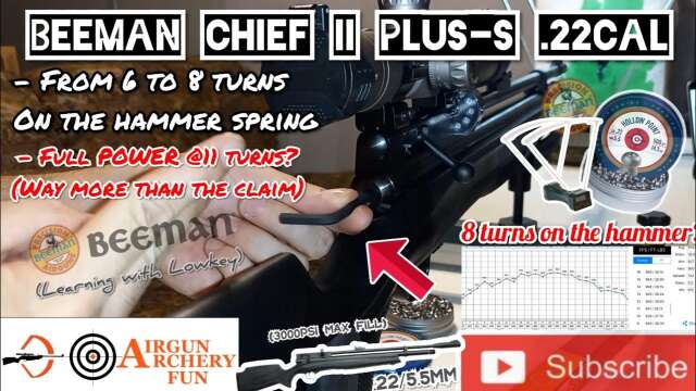 Beeman Chief II Plus-S .22cal // Max velocity & 8 turn on the hammer spring graph (Chronograph test)
