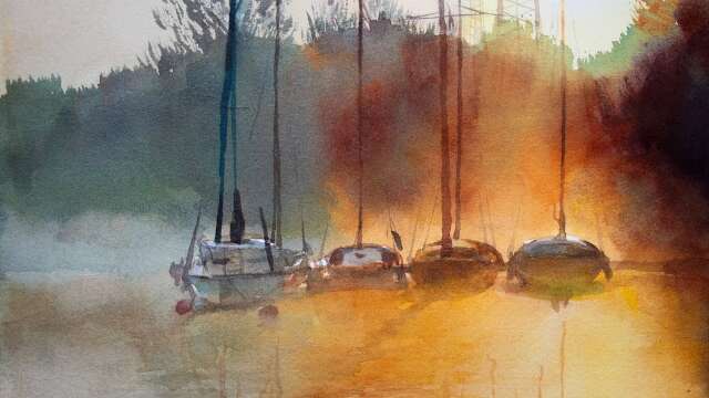 Watercolor painting sunrise and boats