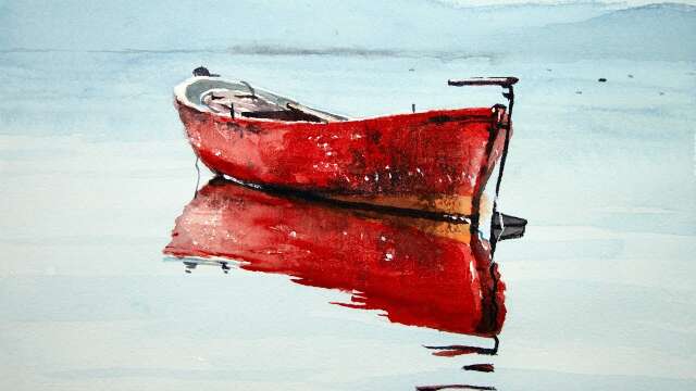 Watercolor of a red boat with reflection