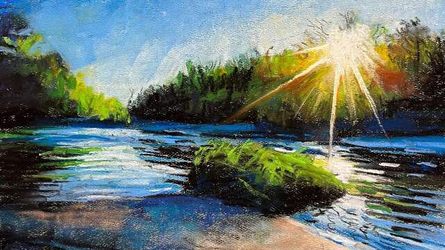 Pastel basics - sunset river and trees