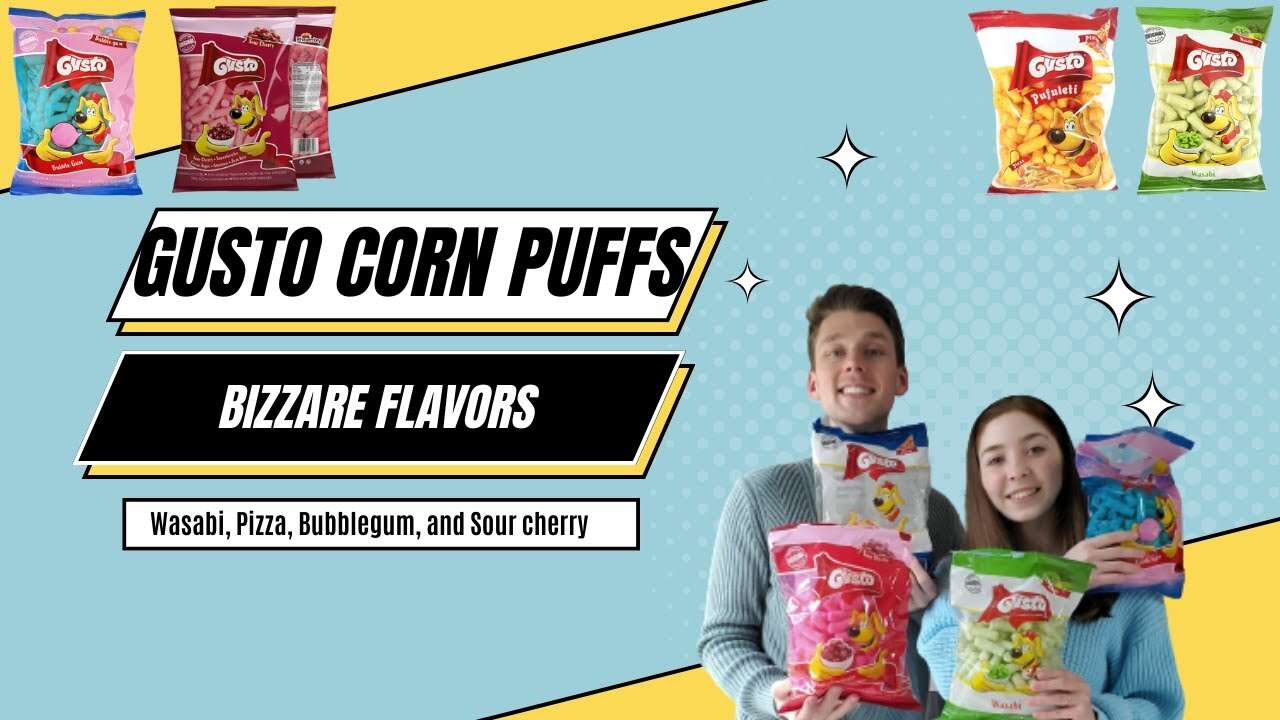Trying Gusto Corn Puffs BIZZARE flavors -Wasabi, Pizza, Bubblegum, Cherry-   and ranking them! :)