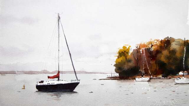Watercolor painting sailboats in harbor