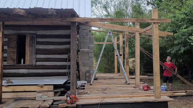 Off-grid tiny cabin build planting cedar trees, watermelon, back porch frame install - update #35