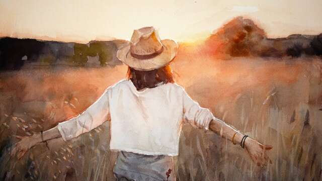 Watercolor painting a girl outdoor in the sunset