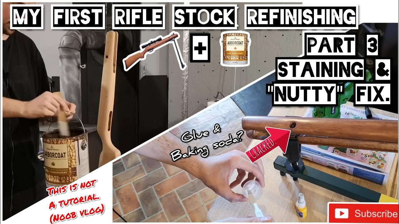 Refinishing a rifle stock Part 3 // Applying the stain & Fixing a cracked screw hole [Vlog]