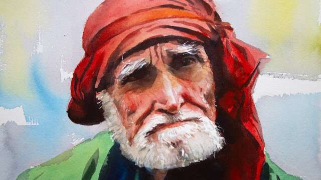 Watercolor painting an old man wearing red turban